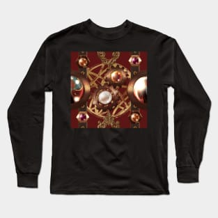 Steampunk Copper Leather Gears on Burgundy Long Sleeve T-Shirt